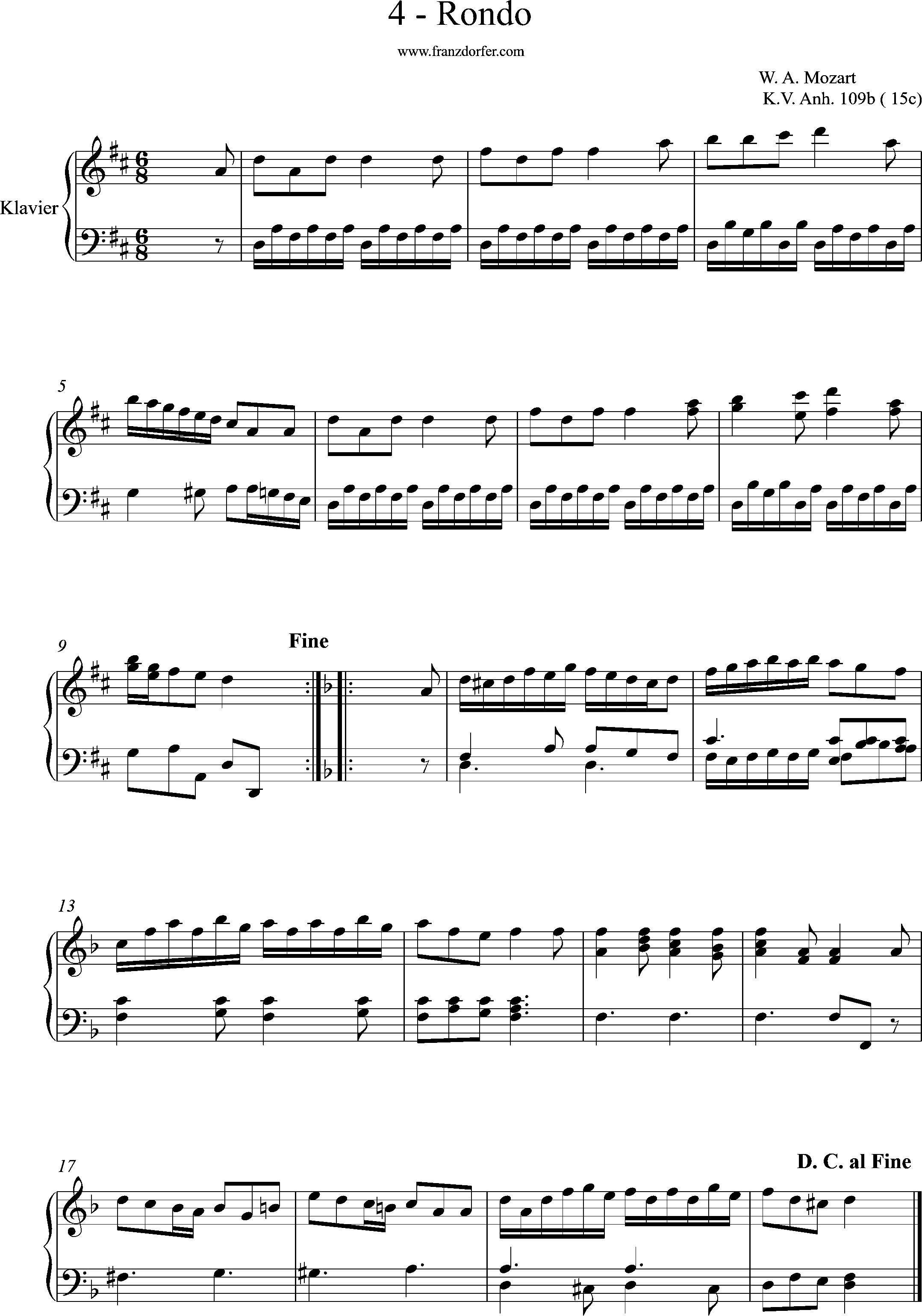 klaviernoten, Rondo, KV 109b, 15d, Mozart
